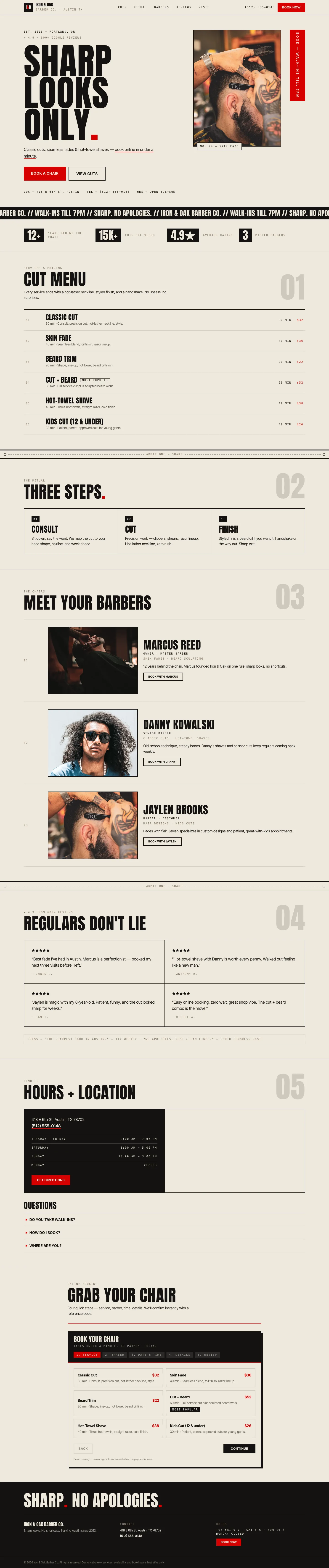 barbershop website concept, desktop layout, dark red and cream styling