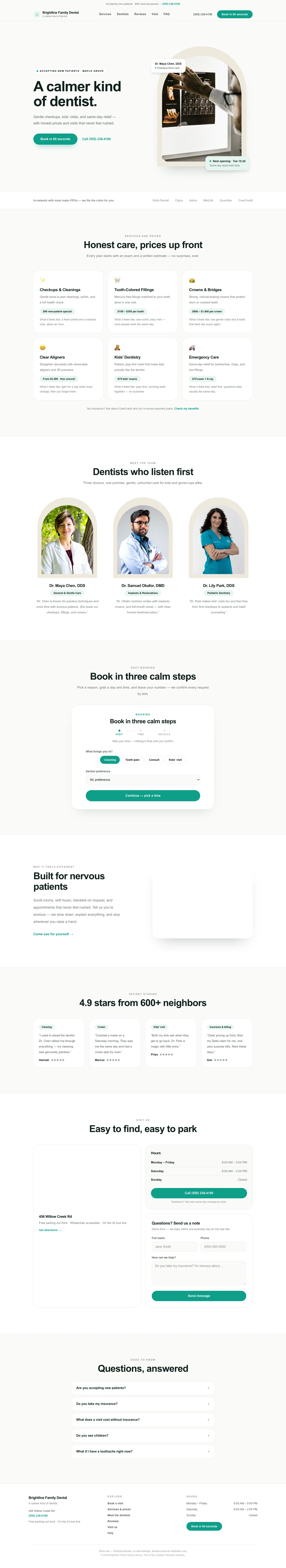 dental practice website concept, desktop layout, sage green and cream styling