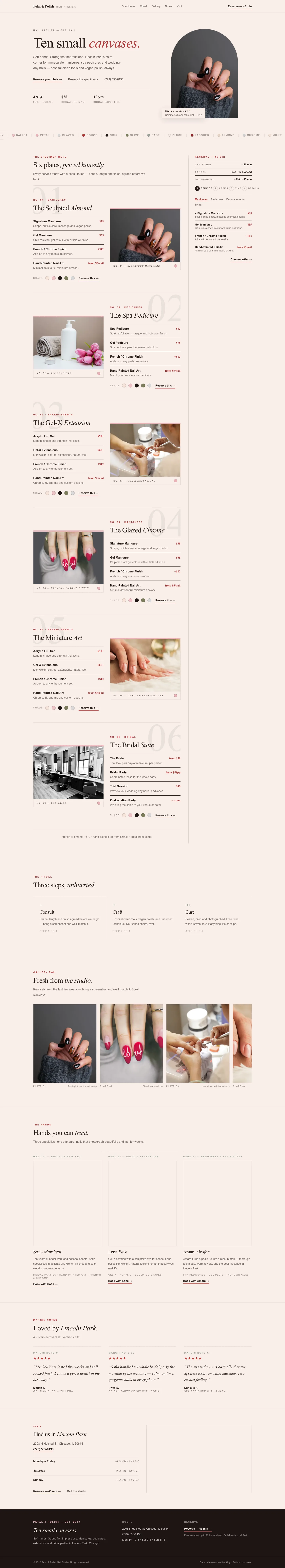 nail studio website concept, desktop layout, blush and burgundy styling