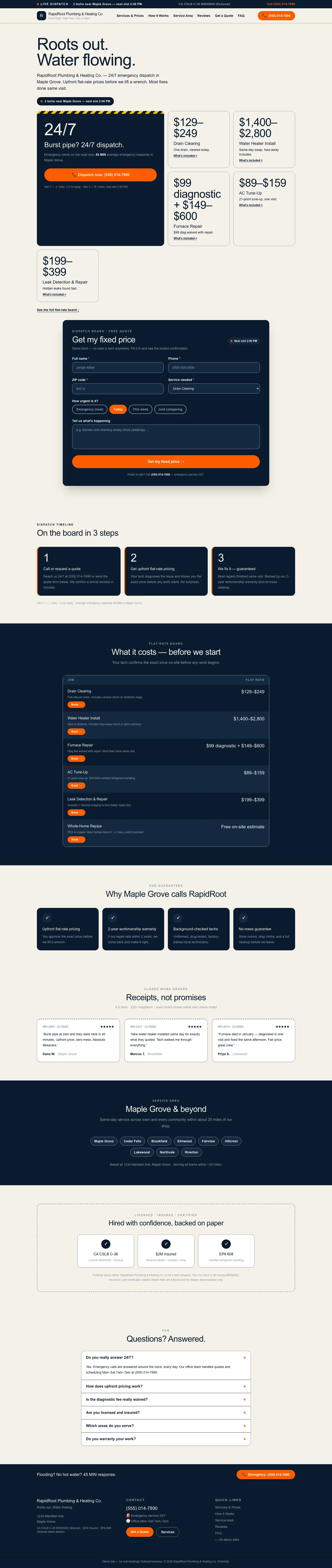 plumbing website concept, desktop layout, dark header with orange accents