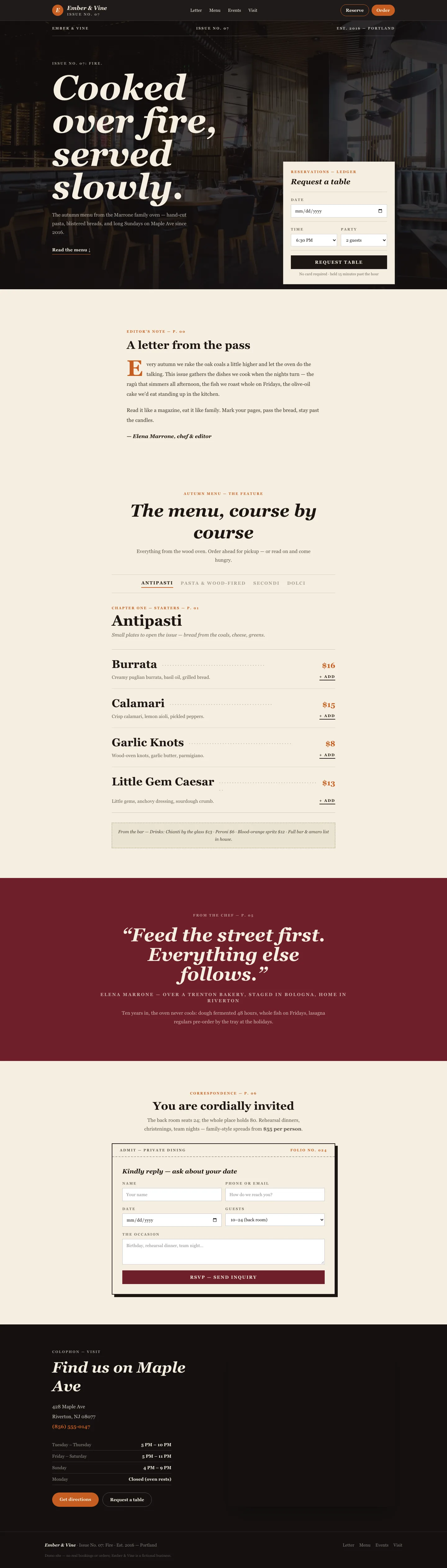restaurant website concept, desktop layout, dark hero with reservation panel